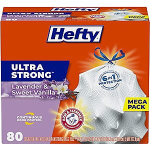 80-Ct 13-Gal Hefty Ultra Strong Tall Kitchen Trash Bags (Lavender & Sweet Vanilla) $12.50 w/ Subscribe & Save
