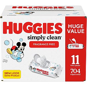 704-Ct Huggies Simply Clean Baby Wipes (Unscented) $11.95 w/ S&S + Free Shipping w/ Prime or on $25+