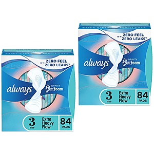 Always Infinity FlexFoam Feminine Pads B1G1 50% Off: 84-Count (size 3) 2 for $27.85 ($13.91 each), 132-Count (size 5, Overnight) 2 for $37.10 ($18.55 each) w/ S&S + Free Shipping