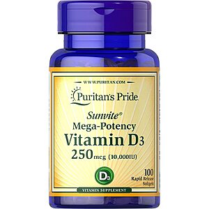 Puritan's Pride Supplements 35% Off: 100-Ct 10000 IU Vitamin D3 Softgels $2.10, 240-Ct 3mg Melatonin Tablets $2.95 & More w/ S&S + Free Shipping w/ Prime or on $25+