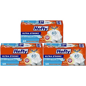 40-Count 13-Gallon Hefty Ultra Strong Tall Kitchen Trash Bag (Clean Burst) or (Blackout, Scent Free) 3 for $16.40 w/ S&S + Free Shipping w/ Prime or on $35+
