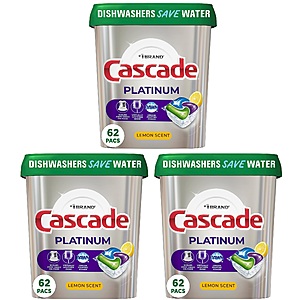 62-Ct Cascade Platinum Dishwasher Pods (Lemon) + $15 Amazon Credit 3 for $38.85 & More after $15 Rebate w/ S&S + Free S/H
