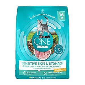 Purina ONE Sensitive Skin & Stomach With Real Turkey, Natural Adult Dry Cat Food 16 lb. - $15.94 /w S&S + F/S - Amazon YMMV