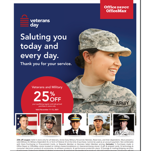 Veterans Day Nov 11-13 25% off in-store only Office Depot Office Max