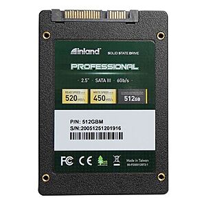 In-store Inland Professional 512GB SSD 3D TLC NAND SATA 3.0 6 GBps 2.5 Inch 7mm Internal Solid State Drive $19.99 -$15 (new customer) = $5