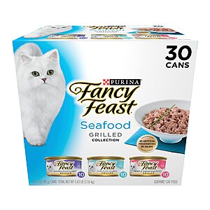 Purina Fancy Feast Grilled Wet Cat Food Seafood Collection in Wet Cat Food Variety Pack - (30) 3 Oz. Cans  $12.23 or less Sub and Save Amazon