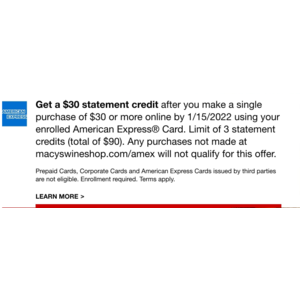 Targeted $25 off Macy's Wine Shop + $30 Back Amex Offer $0.01