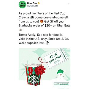 UBER Eats: $7 off $20 Starbucks Order $13