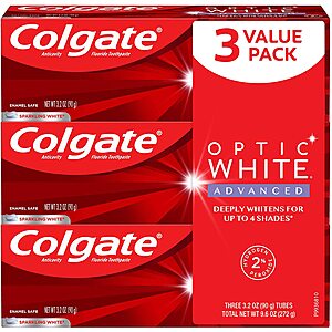 3-Pack 3.2-Oz Colgate Optic White Advanced Teeth Whitening Toothpaste with Fluoride (Sparkling White) $6 w/ S&S + Free S&H w/ Prime or $25+