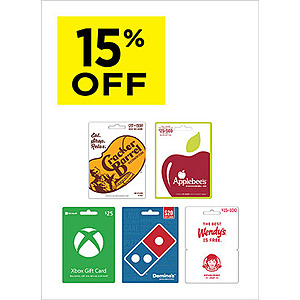 Dollar General in store, 15% off select gift cards, XBOX, Domino's Pizza, Wendy's, Applebees, Cracker Barrel