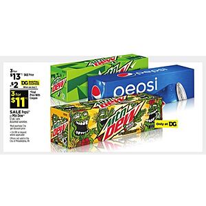 Dollar General in store, 12 pack Pepsi/Mountain Dew/Starry, 3 for $11 w/ digital coupon, 7 Up Products, 3 for $10 w/ digital cpn