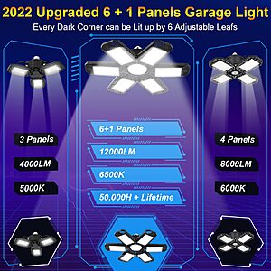 2 Pack LED Garage Lights, 120W 12000LM 6500K Deformable Ceiling Light with 6+1 Multi-Position Panels $16.19