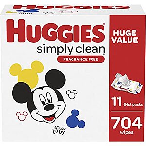 704-Count Huggies Simply Clean Baby Wipes (unscented) $11.47 w/ S&S + Free Shipping w/ Prime or on orders over $25