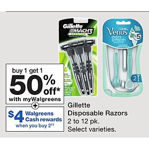 Gillette and Venus Disposible razors in Walgreens for just $4 + get additional $4 walgreens cash -