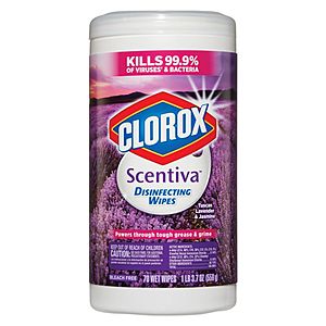 Clorox Scentiva™ Disinfecting Wipes, Bleach Free, Tuscan Lavender &amp;amp; Jasmine Scent, Tub Of 70 Wipes $0.40