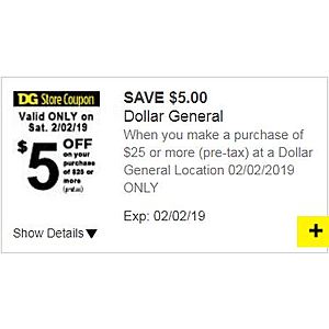 Dollar General: $5 off on purchases of $25(pretax) or more(Digital Coupon-Valid In-store only on 2/2/2019)