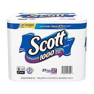 Scott 1000 Sheet Roll Toilet Paper 3 27 ct. Packs (81 Rolls Total) $40.97 AC and 15% Subscribe & Save 5+ Discount @ Amazon