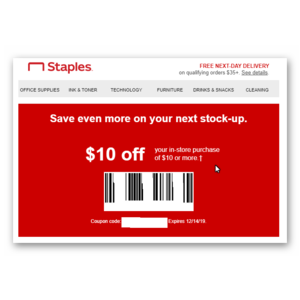 Staples In-Store Coupon for $10 Off Select Purchases $10+ YMMV
