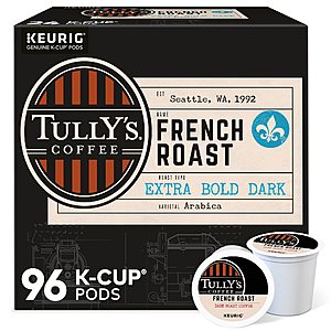 Tully's Coffee French Roast, Single-Serve Keurig K-Cup Pods, Dark Roast Coffee, 96 Count~$17.97 @ Amazon~Free Prime Shipping!