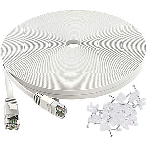 Cat 6 Ethernet Cable 50 ft White - Flat Internet Network Lan patch cords – Solid Cat6 High Speed Computer wire With clips& Snagless Rj45 Connectors $7.97