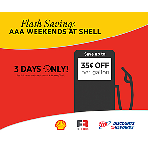 AAA Members Flash Sale on Shell Gas - Save .35 cents Per Gallon On Your One Fill Up By Sunday June 4, 2023 **Must Get Code**