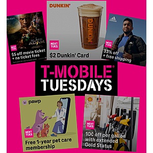 T-Mobile Customers 10/18/22: $2 Dunkin' card, 33% off Adidas, free year of Pawp pet care membership, 10 cents off Shell gas
