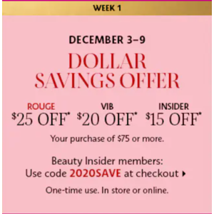 [Two uses] Sephora Rouge $25 off $75+, VIB $20 off $75+, Beauty Insiders (free to join) $15 off $75+