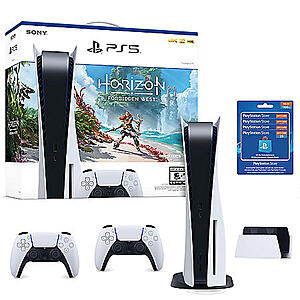 PlayStation 5 Console Horizon Forbidden West Bundle, 2 Wireless DualSense Controllers, DualSense Charging Station, and 4 x $25 Playstation Store Gift Cards at Sam's Club