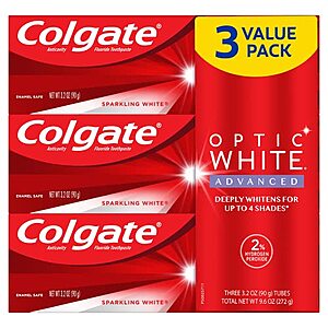 3-Pack 3.2-Oz Colgate Optic White Advanced Teeth Whitening Toothpaste w/ Fluoride (sparkling white) $8.91 ($2.97 Each) w/ S&S + Free Shipping w/ Prime or $25+
