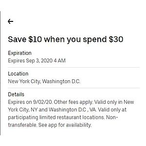 Uber Eats $10 off $30 in NYC, Washington DC - use code NEIGHBOR