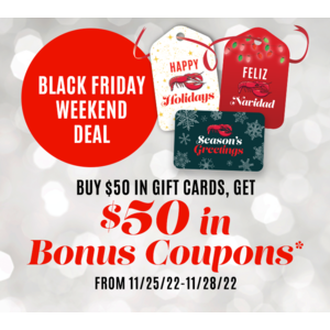 Red Lobster buy $50 gift card, get 5x $10 coupons (Black Friday-Cyber Monday Gift Card Promotion)