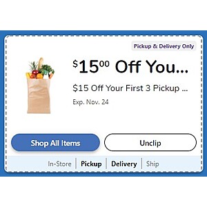 Kroger or Affiliate Stores: $15 off $50+ (First 3 Delivery or Pickup Orders)