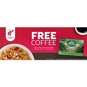 Buy 3 Participating Kellogg's Special K Cereals or Bars, Get Free 12-Count Green Mountain Coffee Roasters K-Cup Pods ($10 off coupon by mail)