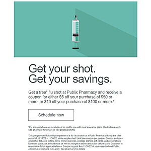 Publix: Get Free Flu Shot, Receive $10 off $100 or $5 off $50 Coupon (valid through 11/30/22)