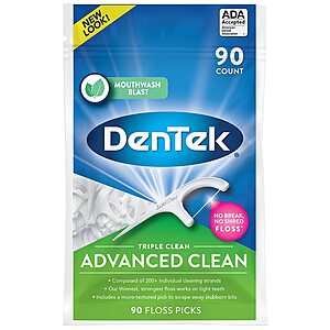 90-Ct Dentek Triple Clean Advanced Clean Floss Picks (Mouthwash Blast) Free + Free Store Pickup at Walgreens on Orders $10+