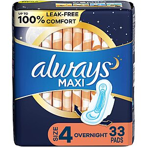 33-Count Always Size 4 Overnight Absorbency Maxi Pads w/ Wings (Unscented) $4.97 + Free Shipping w/ Prime or on $25+