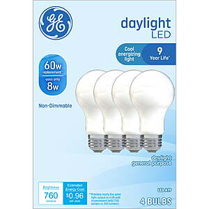 GE Daylight LED Light Bulbs, 60 Watt Eqv, A19 General Purpose, 9 year, 4pk - $4.00 YMMV