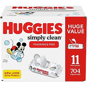 704-Ct Huggies Simply Clean Fragrance-Free Baby Wipes (Unscented) $11.95 w/ S&S + Free Shipping w/ Prime or on $25+