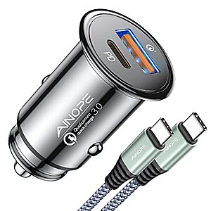 Ainope 54W PD & QC 3.0 Metal Dual-port Super Mini Car Charger + 3.3' Nylon Braided USB C to C Cable $8.49 + Free Shipping w/ Prime or Orders $25+