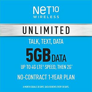 1-Year Net10 Wireless Prepaid Plan: Unlimited Talk, Text & 5GB LTE / Unlimited 2G Data Per Month on AT&T or T-Mobile Network - $149.99 ($12.50/month)