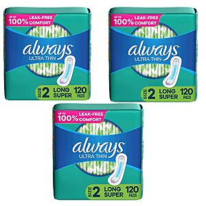 Always Ultra Thin Feminine Pads: 3-Pack 40-Count Unscented (Size 2) $3.95 ($1.30 each) w/ S&S + Free Shipping w/ Prime or $25+