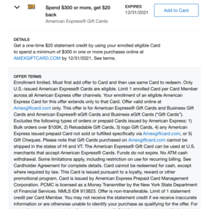AMEX Offer: Spend $300 and Get $20 back on American Express Gift Cards