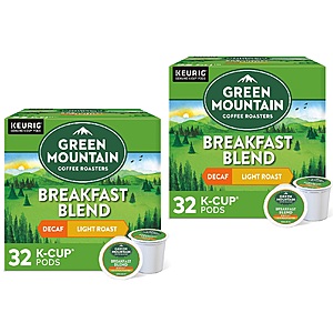 2-Pack 32-Count Green Mountain Coffee Roasters Decaf K-Cups (Breakfast Blend) $12.55 ($0.20 each) + F/S w/ Prime or $25+