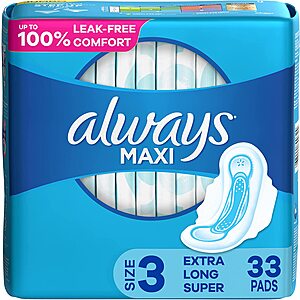 33-Count Always Women's Maxi Feminine Pads w/ Wings (Size 3, Unscented) $4.55 ($0.15 each) w/ S&S + Free Shipping w/ Prime or on $25+