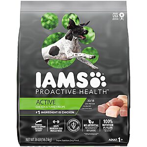 Iams Proactive Health Adult Active Dry Dog Food with Chicken and Turkey, 36 lb. Bag - $34.09 S&S + Free Prime Shipping $34.07