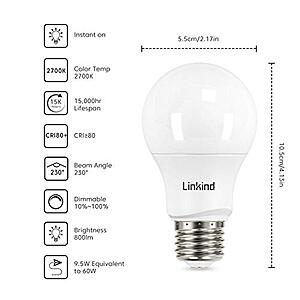 Better than the Prime Day Deal: 12-Pack Linkind 60W Equivalent Dimmable A19 LED Light Bulbs (SOFT WHITE) for $10.39