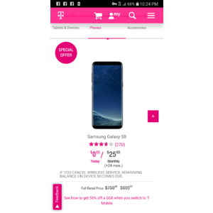 T-Mobile Samsung Galaxy S8 For $300 After $300 Discount Via Monthly Bill Credits & Purchased On EIP Plus Porting Of Phone Line.