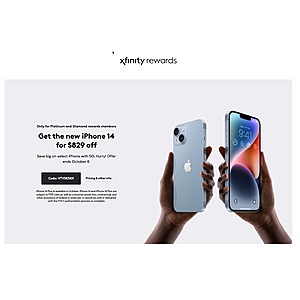 New/Existing XFinity Platinum and Diamond rewards members - Get $829 off for the iPhone 13,14/14 Plus/Pro/Pro Max