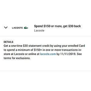 Lacoste: Spend $150 or more, get $30 Statement Credit by Amex
