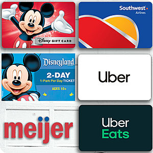 Meijer.com: $50 Gift Cards (Disney, Uber Eats / Uber, or Southwest) for $45, 2-Day Disneyland Resort (1-Park per Day) eGift $229.55 + FS [**Thru 5/14]